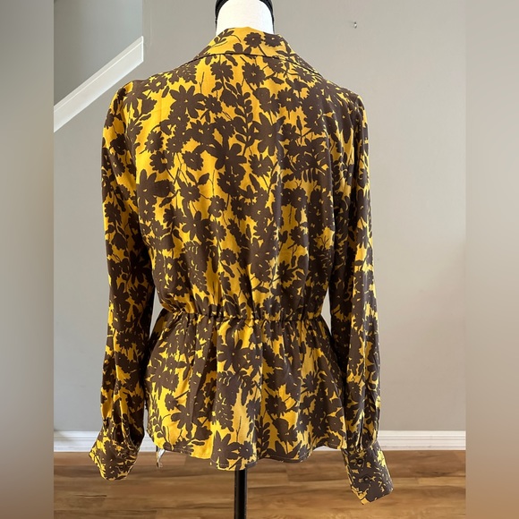 TopShop Floral Jacquard Top Yellow & Brown Blouse  - Size 8 - Picture 2 of 7